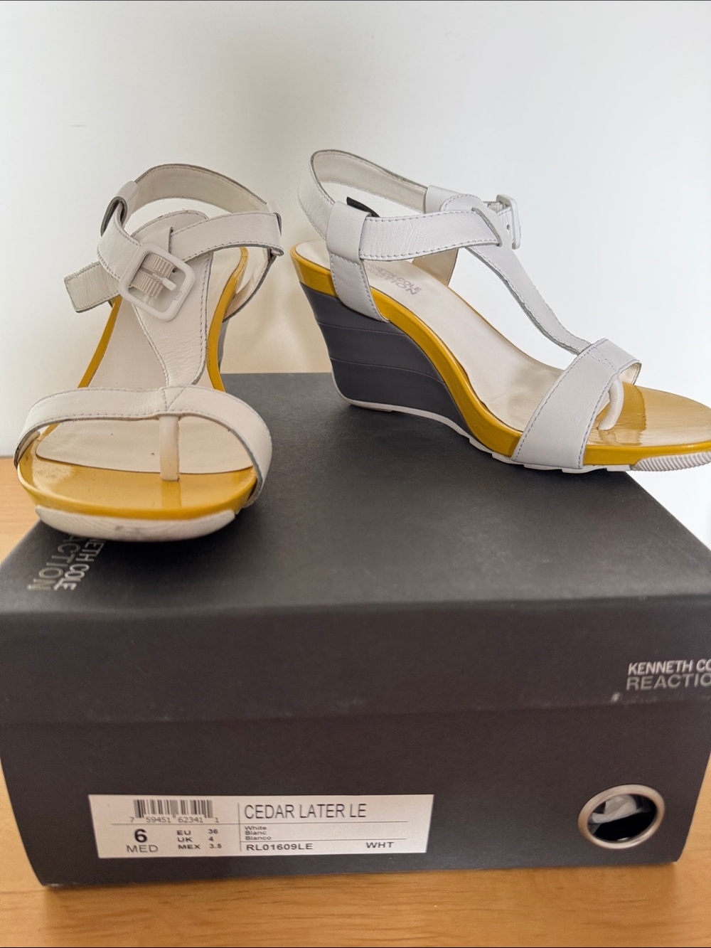 Kenneth Cole Reaction White T-Strap Wedge Sandals with Yellow Footbed